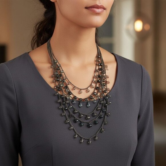 Loft Multi-Strand Beaded Statement Necklace Gunmetal Green & Gray Crystals - Picture 2 of 6